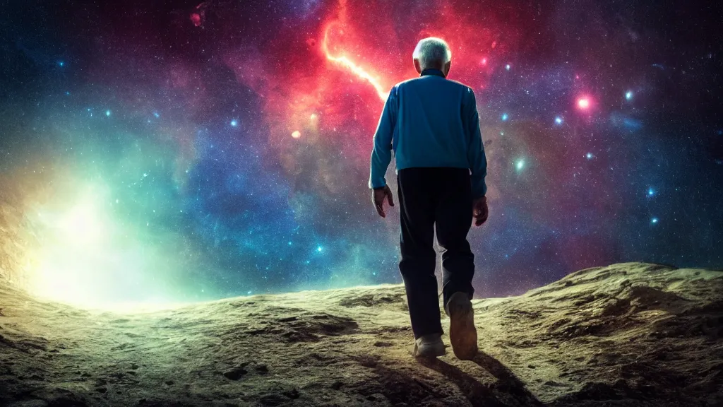 Prompt: an elderly man walking on a planet. close bottom view. whole body. nebula background. cinematic composition. cinematic lightning. ultra realistic. 8 k. highly detailled. deep space. ultra realistic details. cinematic atmosphere. studio lighting. shadows. dark background.