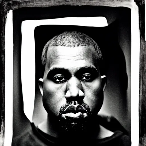 Image similar to a chiaroscuro lighting portrait of kanye west dressed as rick owens, black background, portrait by julia margaret cameron, shallow depth of field, 8 0 mm, f 1. 8