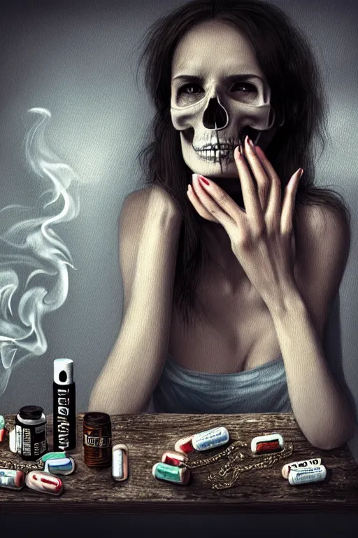 Image similar to beutifull and very tired woman. Woman is looking pile Off pills, drugs, cigarrette boxes and a skull on a wooden table, skull made out of smoke coming out of pills, fantasy, intricate, elegant, highly detailed, digital painting, artstation, concept art, addiction, chains, smooth, sharp focus, illustration, art by Ilja Repin