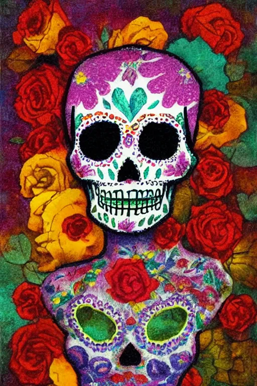 Image similar to Illustration of a sugar skull day of the dead girl, art by mordecai ardon