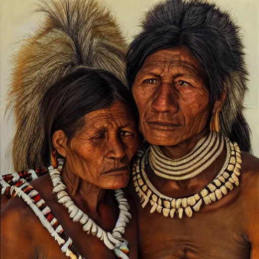 Image similar to high quality high detail painting by lucian freud, hd, portrait of a indigenous tribe couple, photorealistic lighting