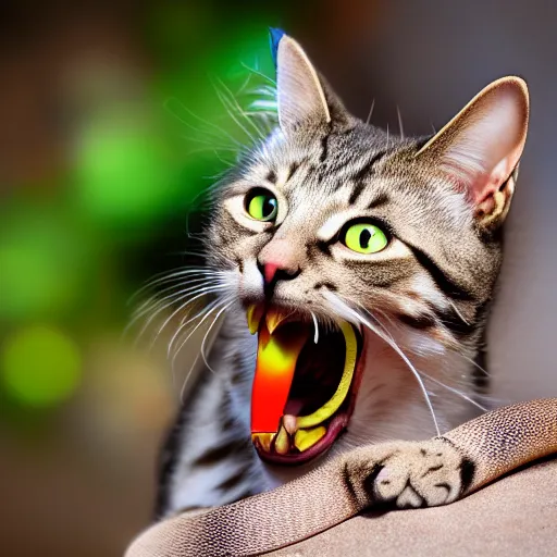 Prompt: a cat with the head of a dangerous snake, mouth wide open, photo taken by nikon, very detailed, 4 k