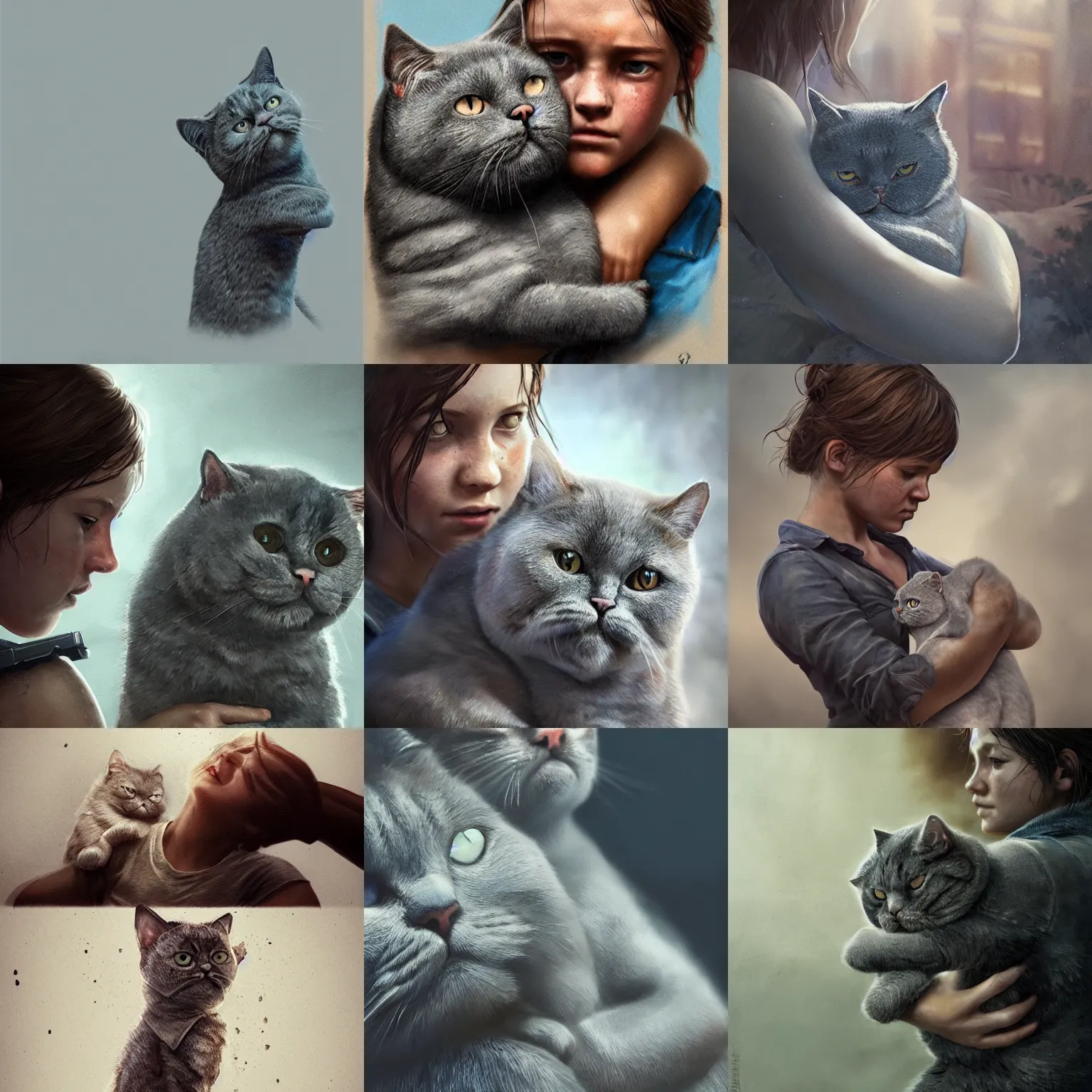 Prompt: Ellie from the Last of Us hugging a British blue shorthair cat, closeup of arms, digital portrait by Greg Rutkowski, intricate, sharp focus, cinematic, epic, artstation