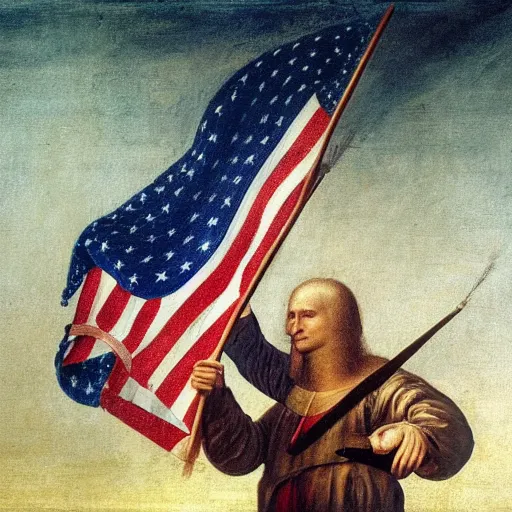 Prompt: Painting of donald trump holding american flag, by Leonardo da Vinci