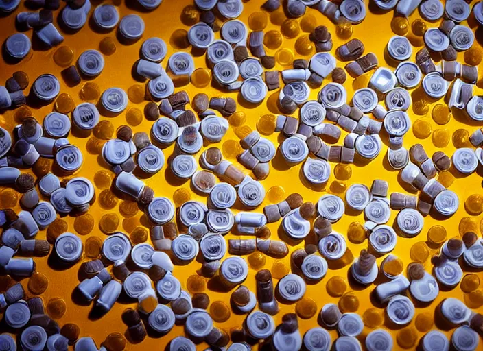 Image similar to a 3 5 mm photo of a pile of pills forming the shape of a skull, splash art, movie still, bokeh, canon 5 0 mm, cinematic lighting, dramatic, film, photography, golden hour, depth of field, award - winning, anamorphic lens flare, 8 k, hyper detailed, 3 5 mm film grain