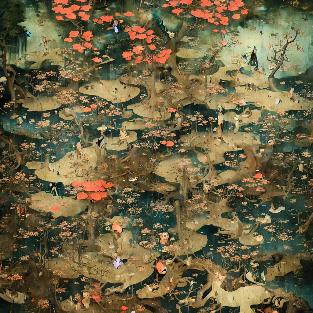 Image similar to Japanese Garden by Hieronymus Bosch and James Jean, Ross Tran, hypermaximalist, surreal oil painting, highly detailed, dream like, masterpiece