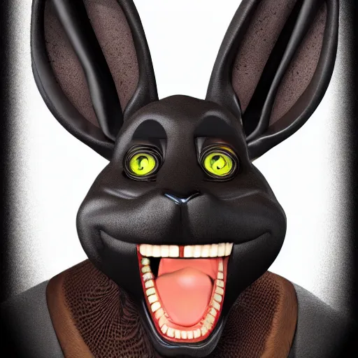 Prompt: A extremely highly detailed majestic hi-res beautiful, highly detailed head and shoulders portrait of a scary terrifying, horrifying, creepy black cartoon rabbit animatronic with scary big eyes, laughing and standing up wearing pants and a shirt in the style of Walt Disney