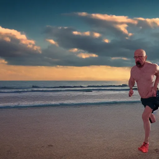 Image similar to Walter White running on the beach, artistic, 8k, cinematic, accurate, symetric, face, dramatic lighting, pastel colours