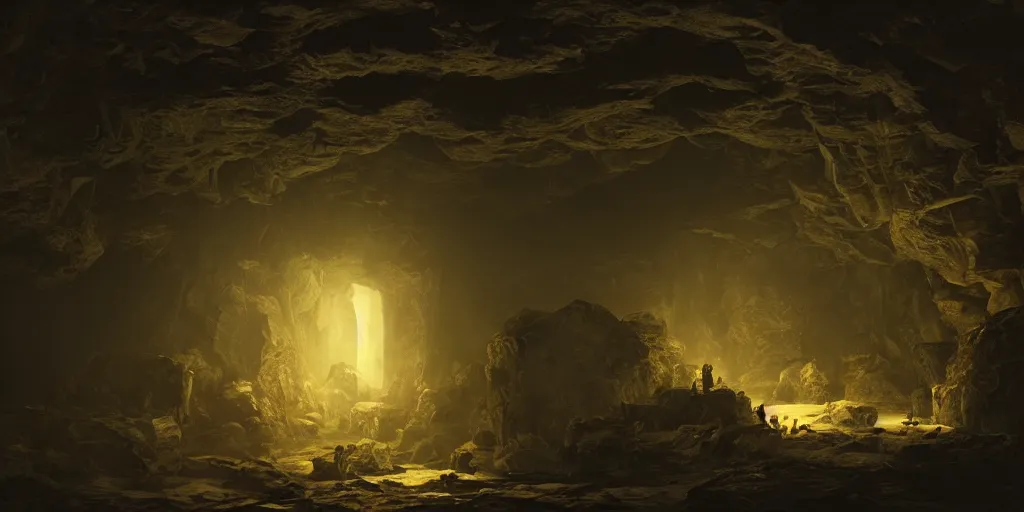 Prompt: discovery of a highly advanced underworld civilization with dark lighting in the style of thomas cole, cinematic lighting, raytracing, 8 k, octane render, volumetric, vivid, beautiful, hyperrealism