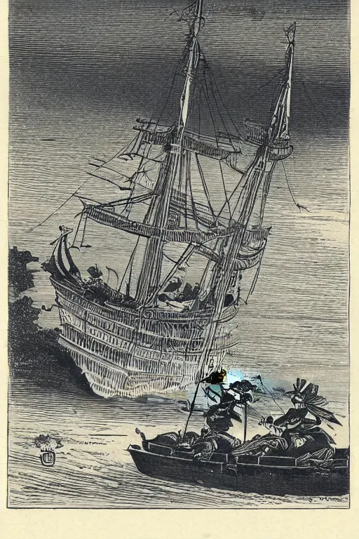 Image similar to 19th century wood-engraving of a Meiji era Japanese land warship walking on two legs, whole page illustration from Jules Verne book, art by Édouard Riou Jules Férat and Henri de Montaut, high quality, beautiful, highly detailed, removed watermarks