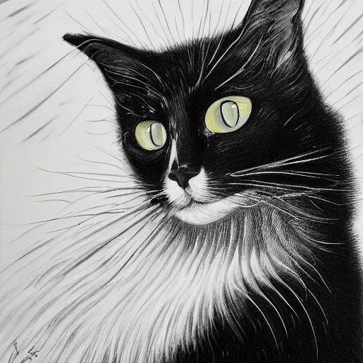 Image similar to a painting of a black and white cat in a scenic environment by johfra bosschart, hyperdetailed, beautiful, trending on artstation