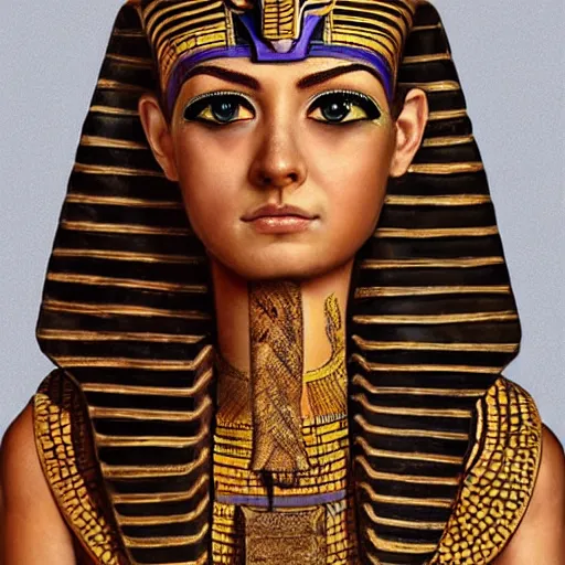 Prompt: a ultra realistic portrait of the real Clepatra wearing ancient egypt real outfits with ultra detailed, perfect and wild face, and ultra detailed ,perfect and wild eyes , brown short and straight hair , perfect and ultra detailed portrait