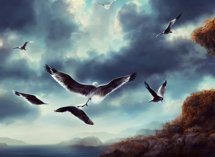 Prompt: independent picture scenery artwork in style by robert svebeck and haruki marakami, rendering of seagulls babies learning to fly, singing on a mystical field, dramatic sky, matte painting, trending on artstation and unreal engine