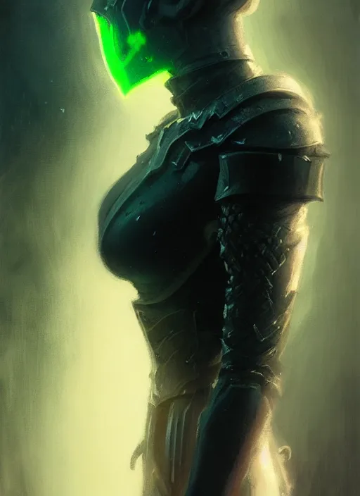 Image similar to side portrait, imogen poots, deathknight, black armor, gloomhaven, soft, smooth, luminescent, haunting, pale green backlit glow, evil inky swirly ripples, sickly colors, by greg rutkowski, jesper ejsing, rhads, ilya kuvshinov, cushart krenz