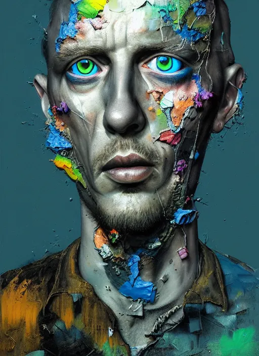 Prompt: gediminas pranckevicius photoreal colorful gouache impasto portrait of rebel punk!!!! by nicola samori and russ mills, blue glowing aggressive led eyes, zbrush, greeble skin, dripping color, octane render