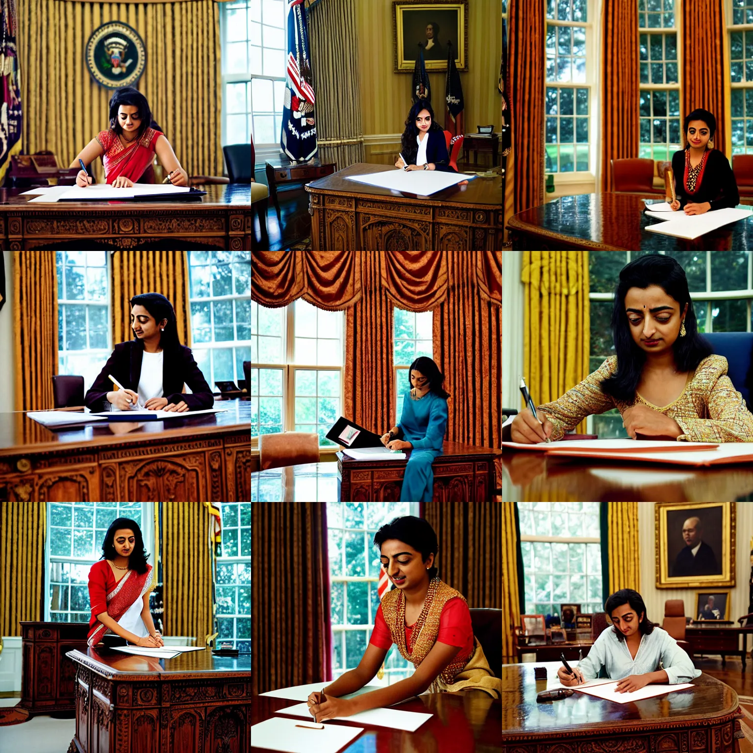 Prompt: Radhika Apte as President, signing a bill in the Oval Office, photo portrait by Steve McCurry