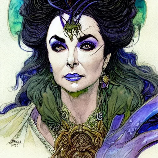 Image similar to a realistic and atmospheric watercolour fantasy character concept art portrait of elizabeth taylor as a druidic warrior wizard looking at the camera with an intelligent gaze by rebecca guay, michael kaluta, charles vess and jean moebius giraud