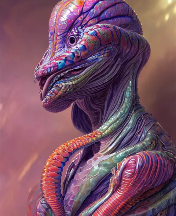 Image similar to intricate colorful transparent portrait of a disturbing beautiful alien snake creature, mottling coloring, adorable, childlike, medical equipment hospital environment, ultra realistic, concept art, art nouveau, photorealistic, octane render, 8 k, unreal engine. art by christopher marley and artgerm and greg rutkowski and alphonse mucha