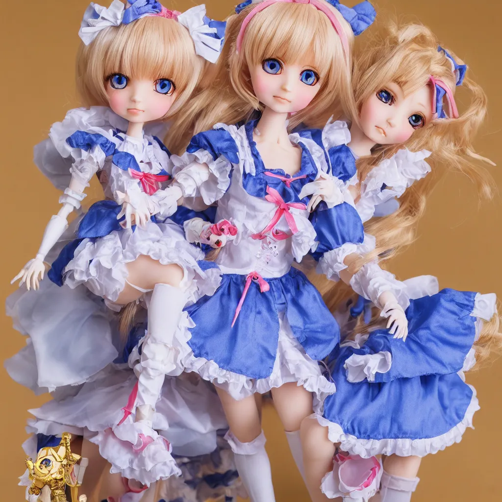 Prompt: high quality photograph of an adorable anime style ball jointed, dollfie dream doll with blonde hair, blue eyes, wearing a kawaii aesthetic alice in wonderland outfit. highly detailed, award - winning