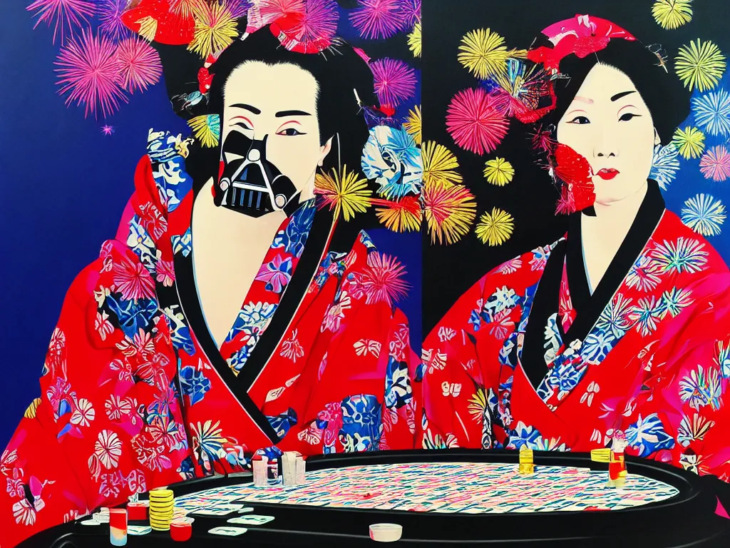 Image similar to hyperrealistic composition of the detailed woman in a japanese kimono sitting at a poker table with detailed darth vader, fireworks, mount fuji on the background, pop - art style, jacky tsai style, andy warhol style, acrylic on canvas