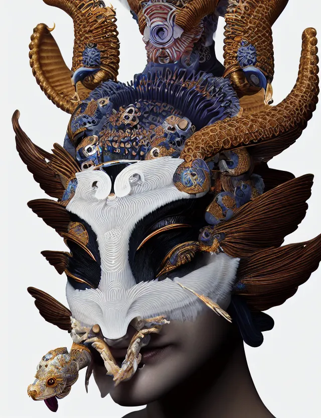 Image similar to 3 d goddess close - up frontal portrait with ram skull. beautiful intricately detailed japanese crow kitsune mask and clasical japanese kimono. betta fish, jellyfish phoenix, bio luminescent, plasma, ice, water, wind, creature, artwork by tooth wu and wlop and beeple and greg rutkowski