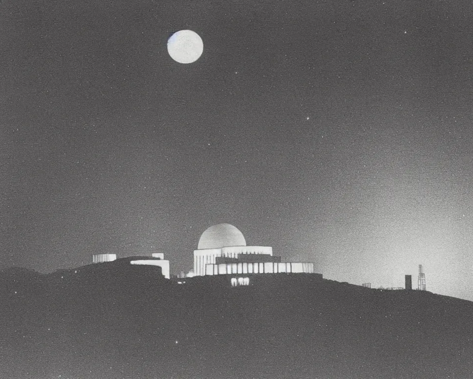 Image similar to achingly beautiful print of the Griffith Observatory bathed in moonlight by Hasui Kawase and Lyonel Feininger.