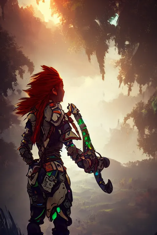 Image similar to combination suit armor aloy horizon forbidden west horizon zero dawn radiating a glowing aura global illumination ray tracing hdr fanart arstation by ian pesty and alena aenami artworks in 4 k tribal robot ninja mask helmet backpack