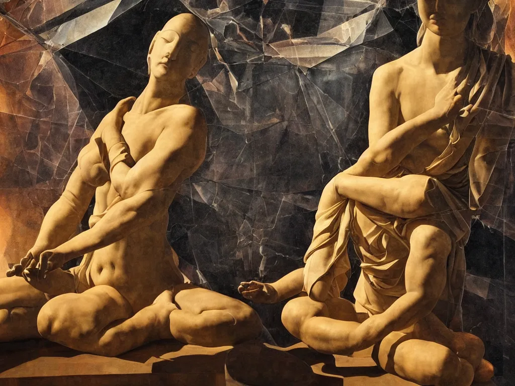 Prompt: hyperrealistic still life painting of a 3d statue sitting down cross legged goddess meditating, wrapped in fabric and gently smiling, surrounded by prisms in a tesseract, by Caravaggio, botanical print, surrealism, vivid colors, serene, golden ratio, minimalism, negative space