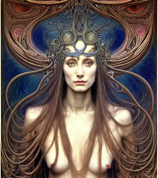 Prompt: detailed realistic beautiful young cher queen of mars portrait by jean delville, gustave dore and marco mazzoni, art nouveau, symbolist, visionary, baroque, iridescent fractal details. horizontal symmetry by zdzisław beksinski, iris van herpen, raymond swanland and alphonse mucha. highly detailed, hyper - real, beautiful