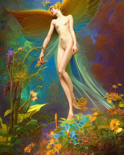 Prompt: a beautiful fairy in a morning dreamland, full body, coherent design, symmetrical, vivid color, complementary color, golden ratio, detailed, sharp lines, intricate, rainbowshift, by james gurney, by peter mohrbacher, by alphonse mucha, by maxfield parrish, by karol bak, waterhouse, octane render