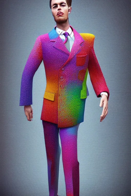 Prompt: a scene with a character wearing a super colorful muted color diy! suit, by vivienne westwood!, detailed photoreal render octane render, pointillism, oil on canvas