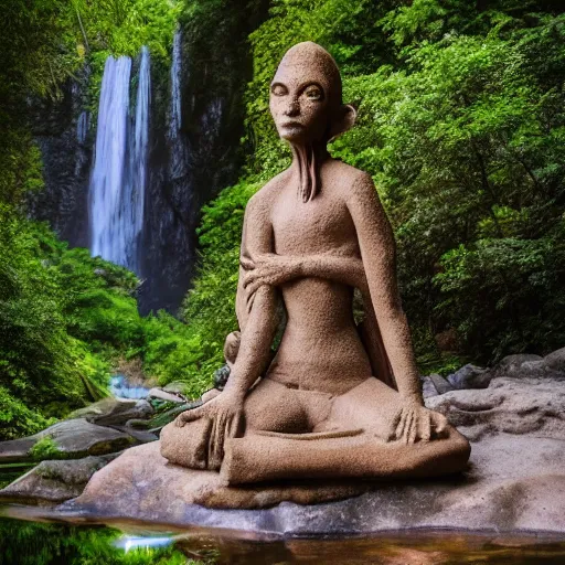 Image similar to Maya stone statue of an alien in front of a beautiful valley with a waterfall in the jungle, award winning photography, 8k