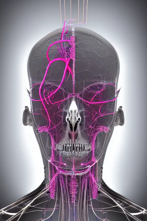 Prompt: 3D render of a portrait of a futuristic steampunk wizard cyborg, inset xray cross-section, neon lenses for eyes, Mandelbrot fractal, titanium skeleton, anatomical, flesh, facial muscles, wires, microchips, electronics, veins, arteries, glowing, full frame, microscopic, elegant, highly detailed, flesh ornate, elegant, high fashion, dye contrast lighting, black light, octane render