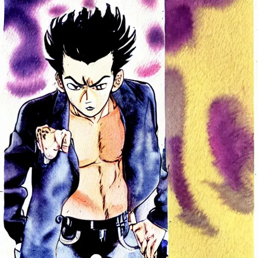 Image similar to young boy angry with pompadour hair, art by katsuhiro otomo, tetsuo hara, hirohiko araki, jotaro kujo, banchou, action pose, manga cover, watercolor