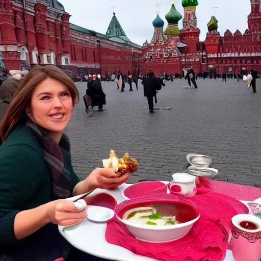 Prompt: Dragon for tales eating russian borsch soup on the Red Square,