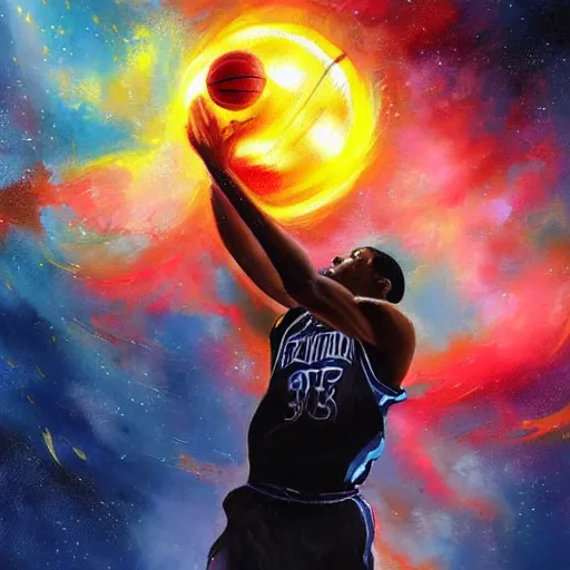 Prompt: Expressive painting of a basketball player dunking, depicted as an explosion of a nebula, evokes delight, digital art by Krenz Cushart, trending on artstation