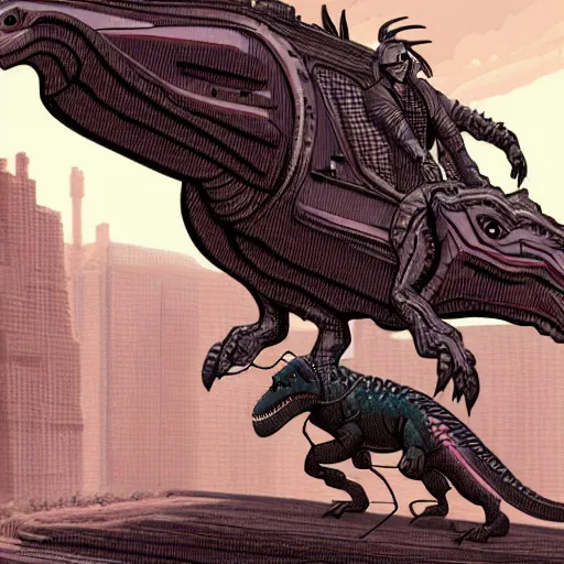 Image similar to detailed intricate colour illustration of a businessman riding a dinosaur, cyberpunk, sci-fi, concept art