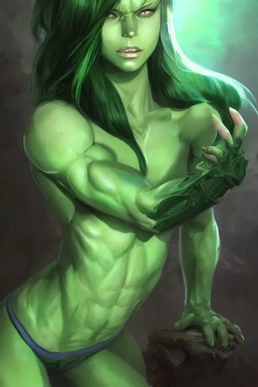 Image similar to green anime faced orc female, light green tone beautiful face, muscular body, by artgerm, by greg rutkowski, by jeremy mann, digital painting