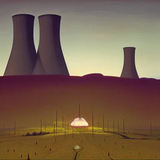 Prompt: A nuclear power plant in utopia by Simon Stålenhag and Grant Wood, oil on canvas
