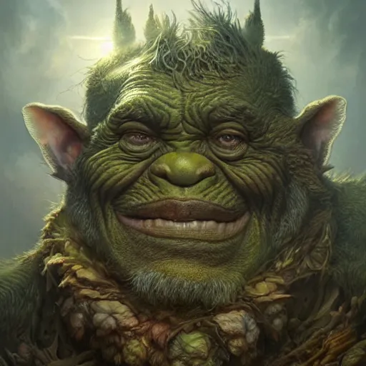 Image similar to a hyperrealistic illustration of a mix of an oger and giant and goblin, 8 k ultra realistic creature, detailed intricate, with fractal sunlight, award - winning, masterpiece, in the style of tom bagshaw, cedric peyravernay, peter mohrbacher