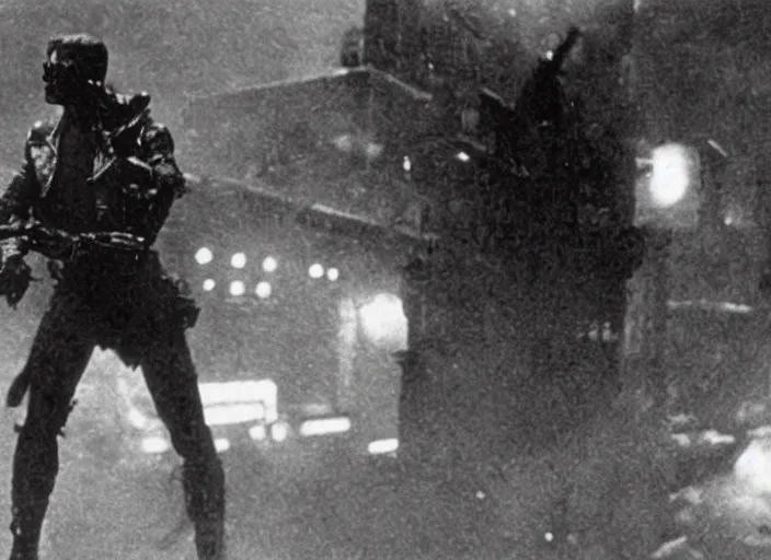 Prompt: action scene from the 1912 science fiction film Blade Runner