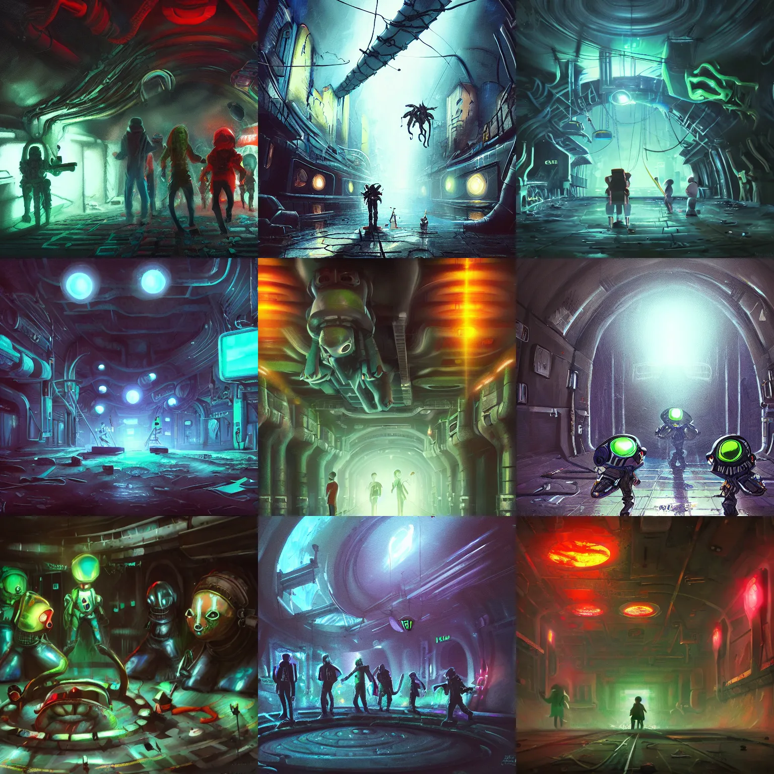 Prompt: aliens in a sewer system having a rave, cinematic lighting, trending on artstation, anime style, oil painting