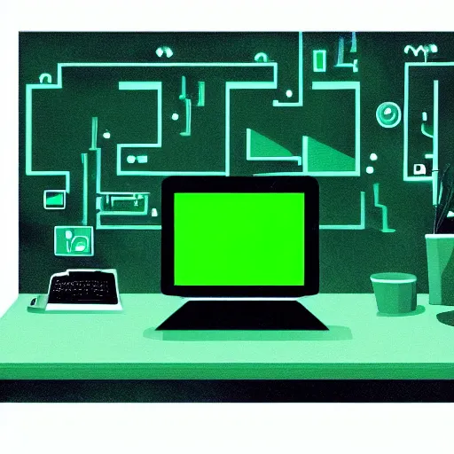 Prompt: computer nerd sitting in a dark room in front of laptop computer, green computer glow on face, digital illustration, illustration, detailed, symmetrical face,