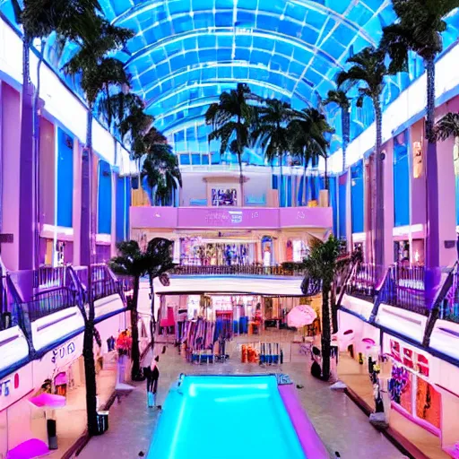 Prompt: an indoor mall with palm trees and pools, pink and blue lighting, everything floats in space