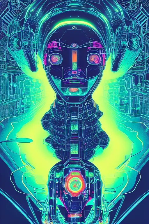 Image similar to ortographic view of Bioluminescent flourescent portrait of mecha, very intricate , by Jen Bartel and Moebius and Dan Mumford and Satoshi Kon, gouache illustration, vivid colors
