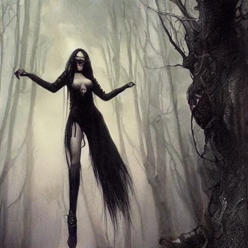 Image similar to beautiful dark witch full body, brom, alan lee cinematic, realistic, detailed