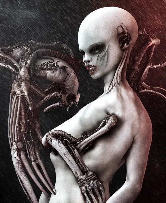 Image similar to xenomorph hugging pale sad beauty merging, dark mist colors, giger background liminal void, digital art, cinematic lighting, realistic, award winning photograph, various refining methods, micro macro autofocus