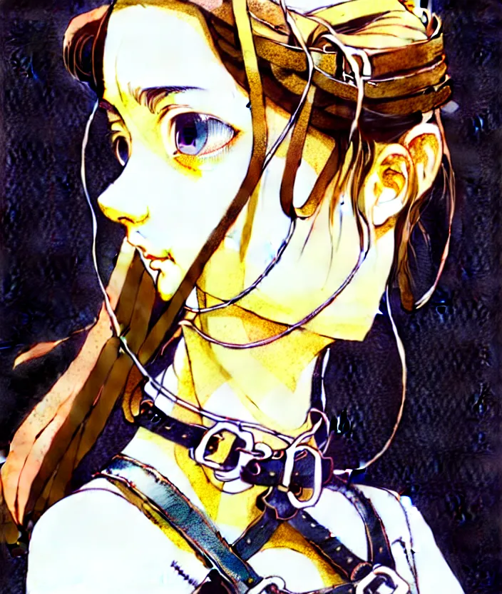 Prompt: bemused to be locked in a leather neck restraint Aerith Gainsborough in a full frame zoom up of her face and neck looking upwards in a room of old ticking clocks, complex artistic color ink pen sketch illustration, full detail, gentle shadowing, fully immersive reflections and particle effects, concept art by Artgerm, art by Range Murata, art by Studio Ghibli