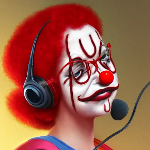 Prompt: a portrait of Ronald McDonald with red clown nose wearing headset microphone in the MSPWAVES studio, music notes in background, symmetrical facial features, intricate, elegant, highly detailed, digital painting, trending on Artstation, concept art, smooth, sharp focus, illustration, in the style of artgerm and greg rutkowski and alphonse mucha