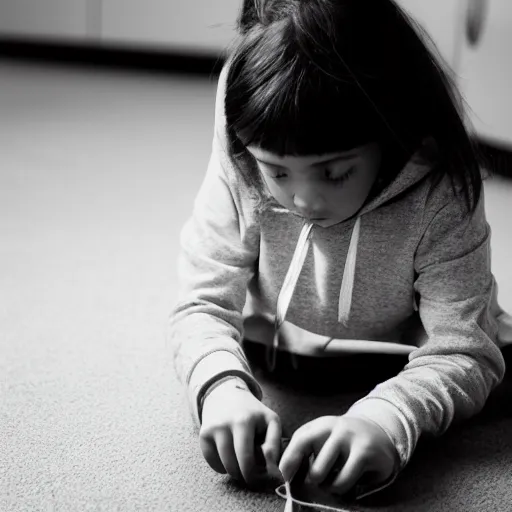 Prompt: Photo of my stupid niece laying in the kitchen floor playing with a string on her hoodie, next to a black dog, HDR, 4k, 8k, photo, early 2000s